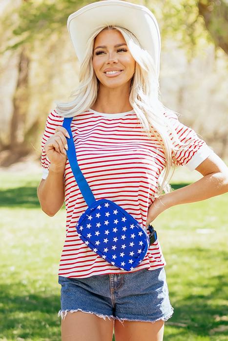 Stripe Trim Round Neck Short Puff Sleeve Top | S-XL