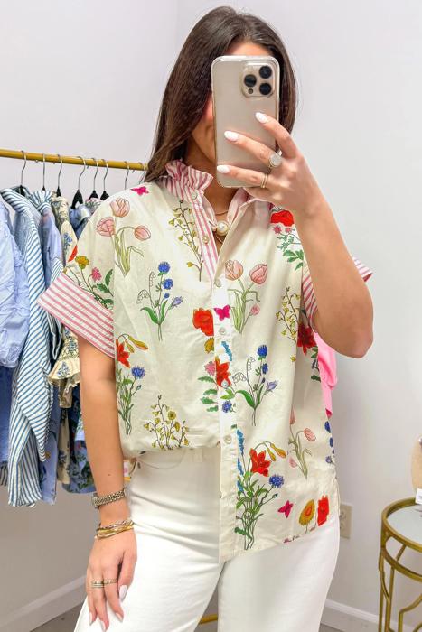 Floral Striped Patchwork Ruffled Collar Shirt | S-XL