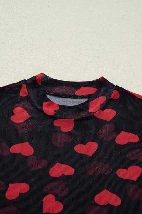 Valentines Heart Printed Sheer Mesh Long Sleeve Top | S-XL