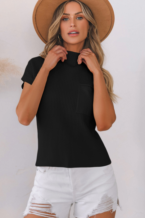 Pocket Ribbed Knit Short Sleeve Sweater | S-XL