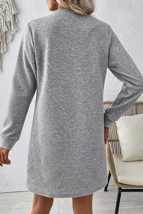 Textured Long Sleeve Side Pockets Shift Dress
