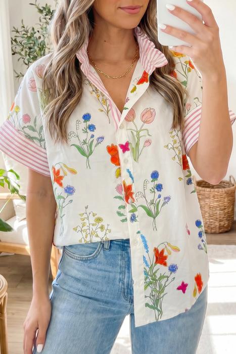 Floral Striped Patchwork Ruffled Collar Shirt | S-XL