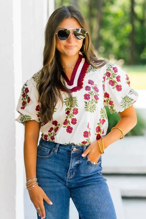 Sweet Bloom Contrast Bubble Sleeve Top  | S-XL