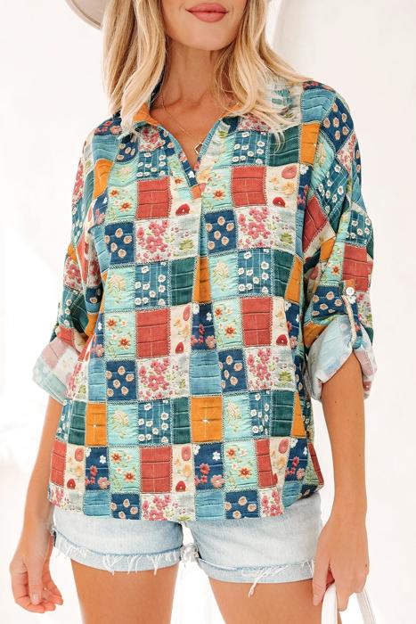 Spring Boho Bloom Print Roll Up Sleeve Blouse | S-XL