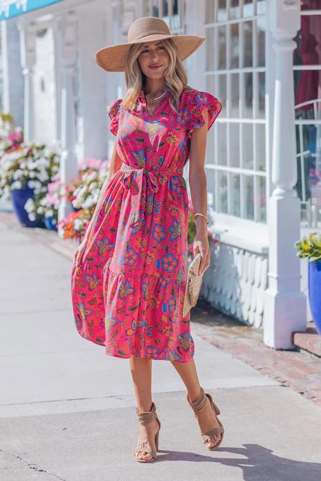 Belted Floral Flutter Sleeve Long Dress | S-XL