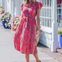 Medium Rose Belted Floral Flutter Sleeve Long Dress | S-XL