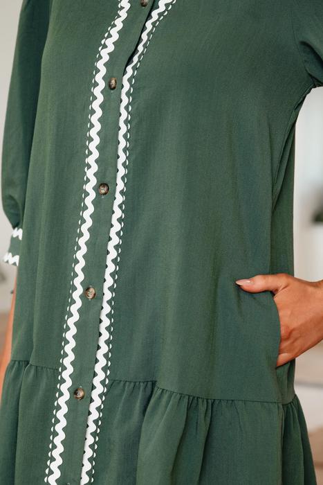 Contrast Ric Rac Trim Button V-Neck Shift Dress | S-XL