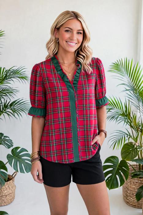Plaid V-Neck Ruffle Trim Short Sleeve Blouse | S-XL