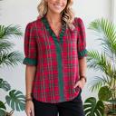  Plaid V-Neck Ruffle Trim Short Sleeve Blouse | S-XL