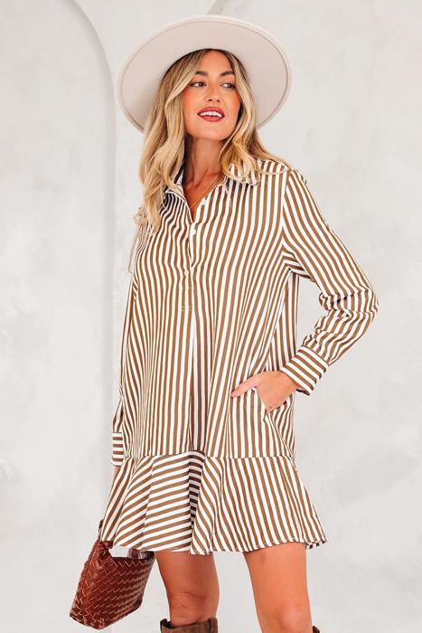 Striped Ruffle Hem Collared Mini Dress | S-XL