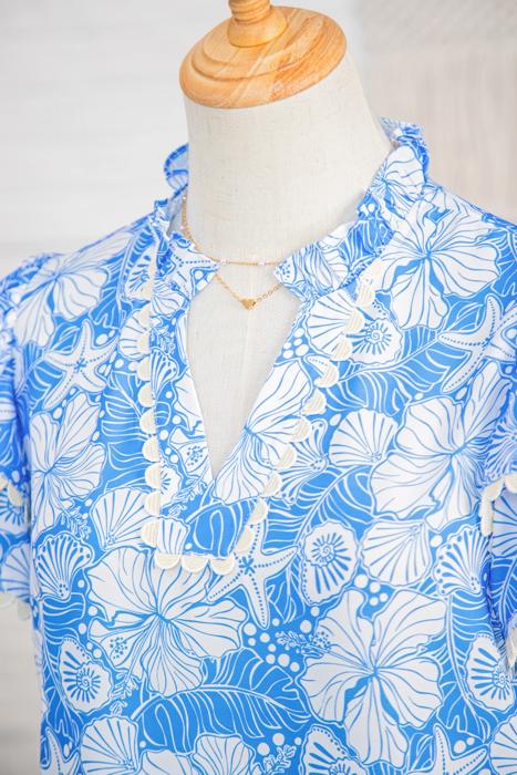 Ocean Bloom Collared Scallop Trim Blouse | S-XL
