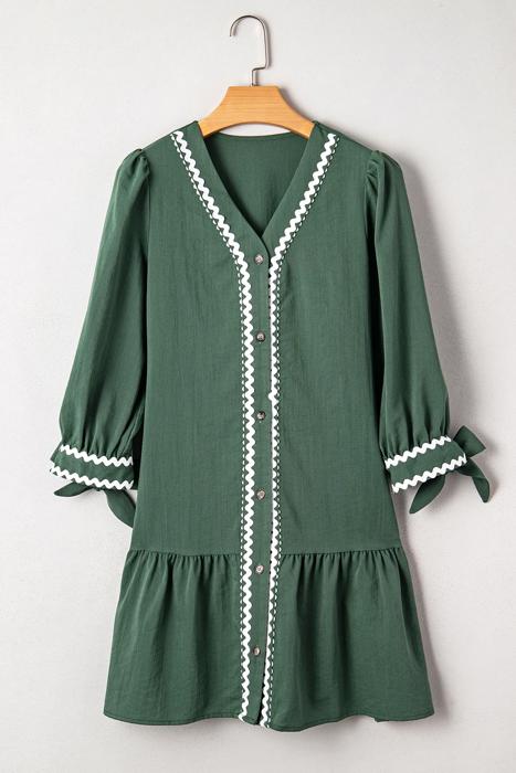 Contrast Ric Rac Trim Button V-Neck Shift Dress | S-XL
