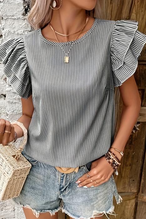 Ruffle Sleeve Stripe Round Neck Blouse | S-XL