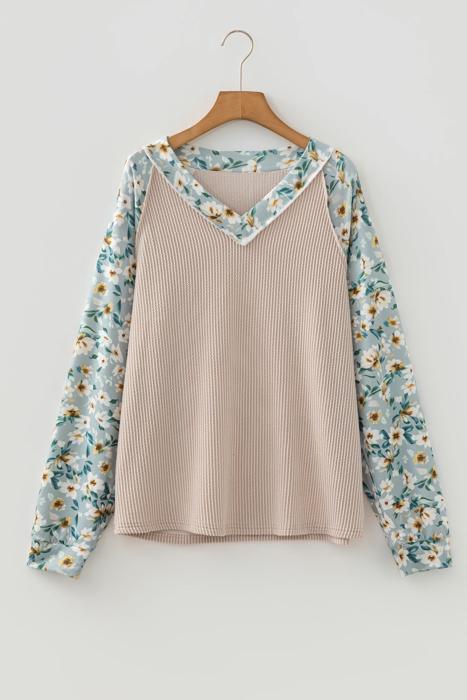 Ribbed Floral Contrast Long Sleeve Top | S-XL