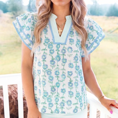 Floral Print Patchwork Flutter Sleeve Blouse | S-XL