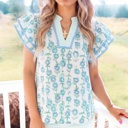  Floral Print Patchwork Flutter Sleeve Blouse | S-XL