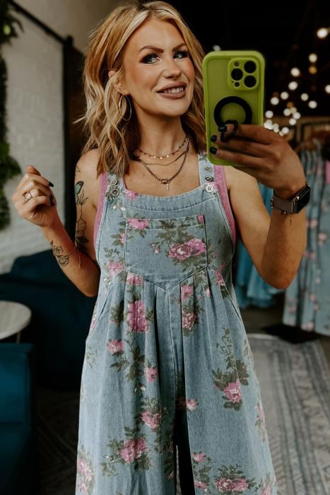 Pleated Floral High-Waist Wide-Leg Denim Jumpsuit | S-XL
