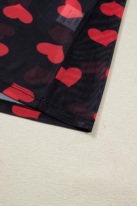 Valentines Heart Printed Sheer Mesh Long Sleeve Top | S-XL