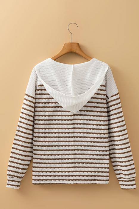 Striped Textured Hooded V-Neck Long Sleeve Top | S-XL