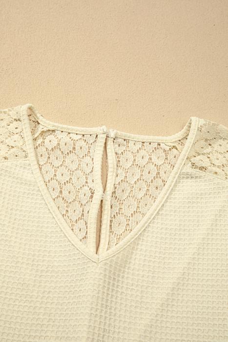 Lace Trim Cutout V-Neck Waffle Knit Button Blouse | S-XL