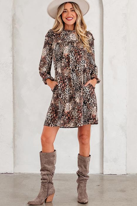 Leopard Print Ruffled Long Sleeve Mini Dress | S-XL