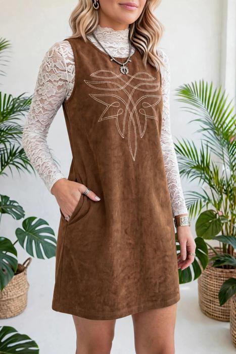 Geometric Stitch Corduroy Mini Dress | S-XL