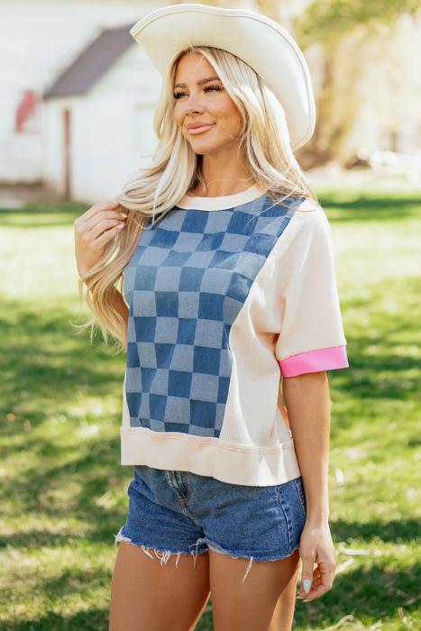 Checkerboard Denim Chic Top | S-XL