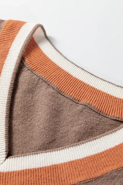 Contrast Striped Trim V Neck Varsity Light Sweater | S-XL