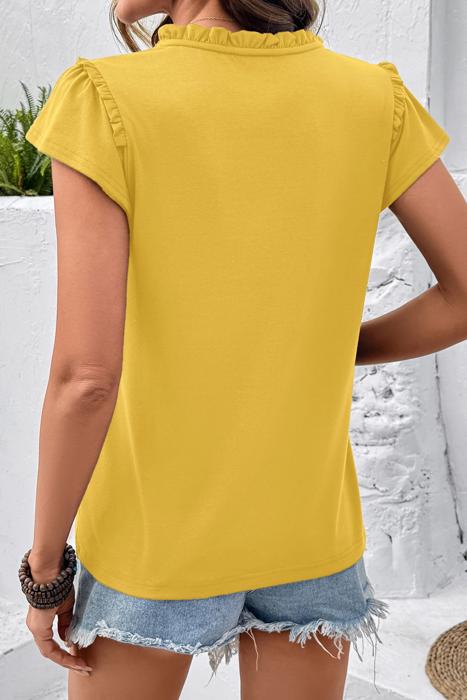 Sheer Lace Split Neck Ruffle Blouse | S-XL