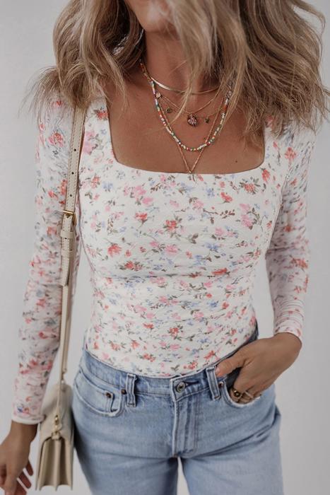 Floral Print Textured Square Neck Long Sleeve Top | S-XL