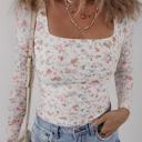  Floral Print Textured Square Neck Long Sleeve Top | S-XL