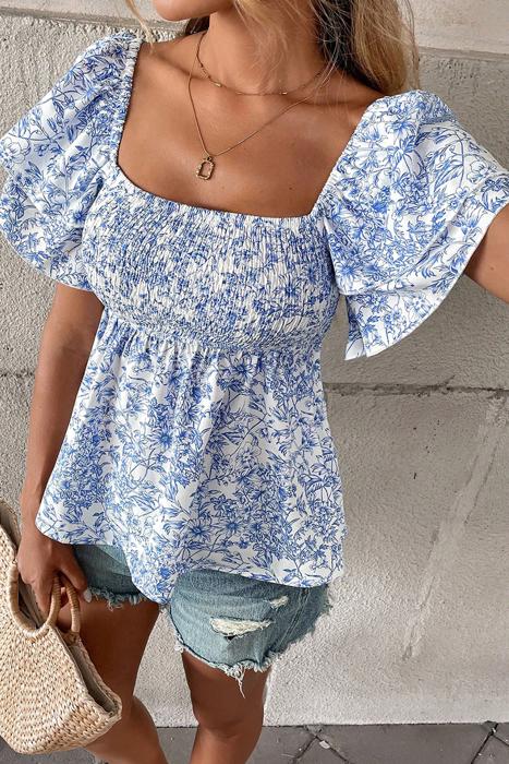 Floral Square-Neck Ruffle Sleeve Blouse | S-XL