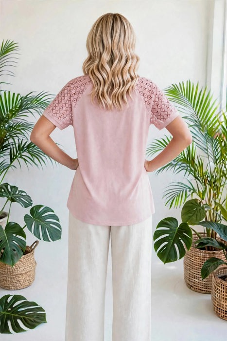 Seamed Detail Contrast Lace Raglan Sleeve Top | S-XL