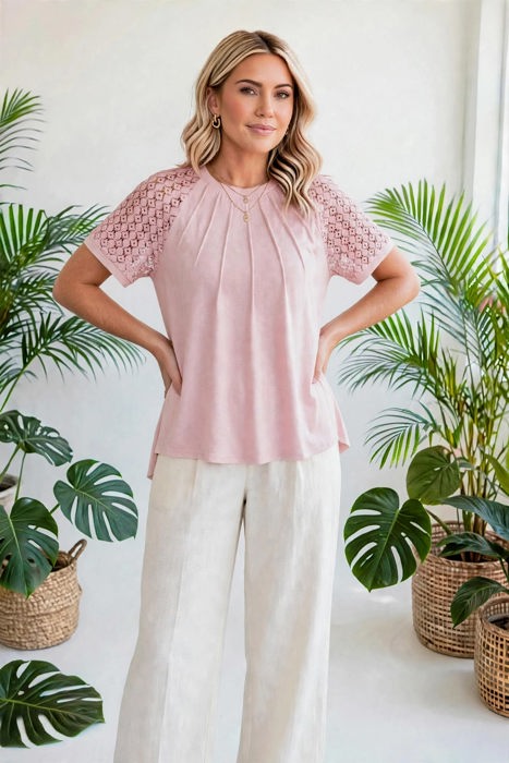 Seamed Detail Contrast Lace Raglan Sleeve Top | S-XL