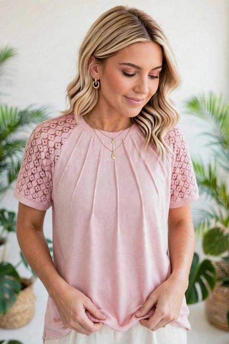Seamed Detail Contrast Lace Raglan Sleeve Top | S-XL