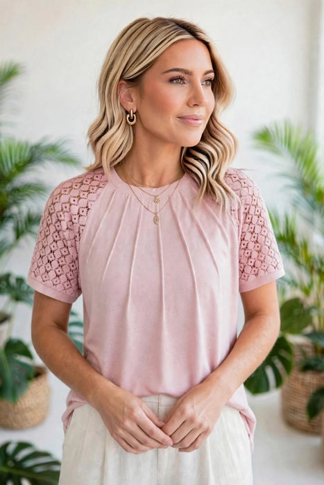 Seamed Detail Contrast Lace Raglan Sleeve Top | S-XL