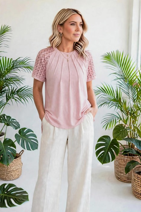 Seamed Detail Contrast Lace Raglan Sleeve Top | S-XL