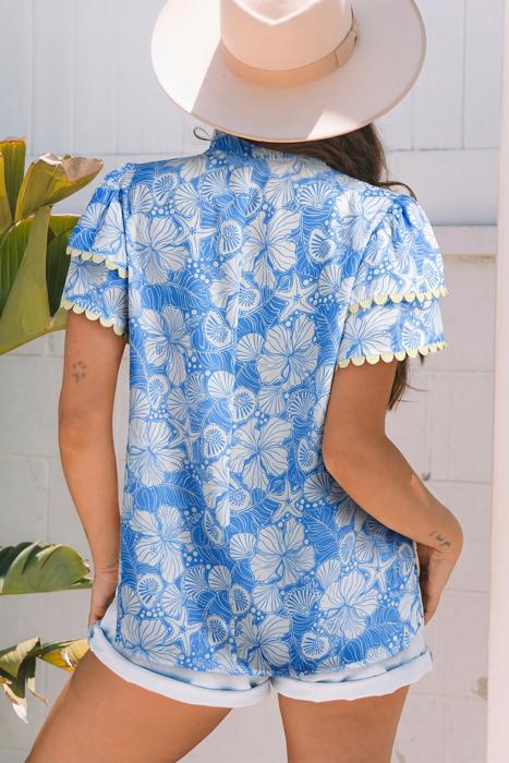 Ocean Bloom Collared Scallop Trim Blouse | S-XL