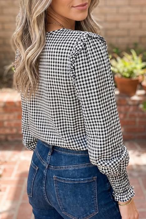 Plaid Shirred Cuff Long Sleeve Blouse | S-XL