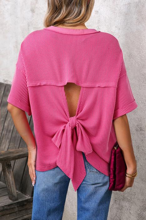 Spiral Ribbed Bow-Back Oversized Tee | S-XL