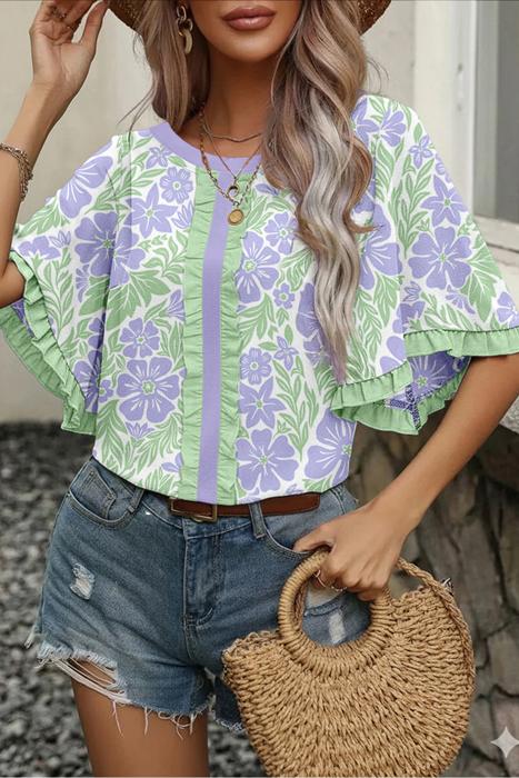 Floral Ruffle Colorblock Trim Blouse | S-XL