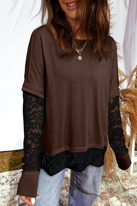 Sheer Lace Patchwork Casual Long Sleeve Tee | S- XL