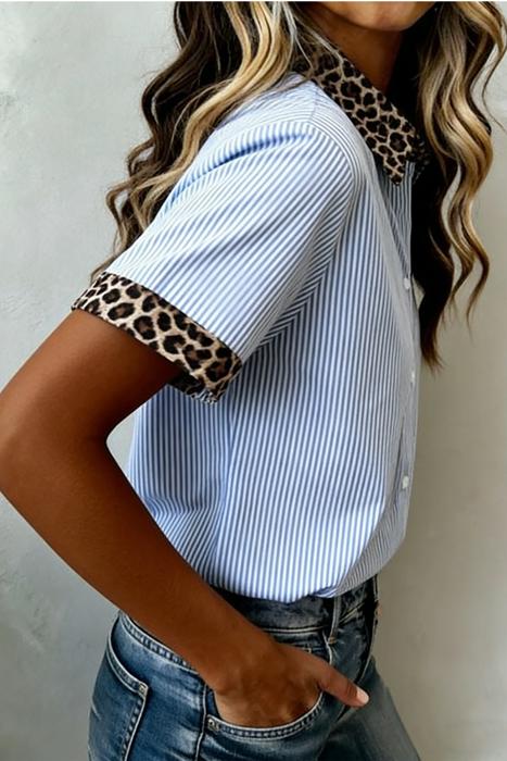 Stripe Contrast Leopard Collared Shirt | S-XL