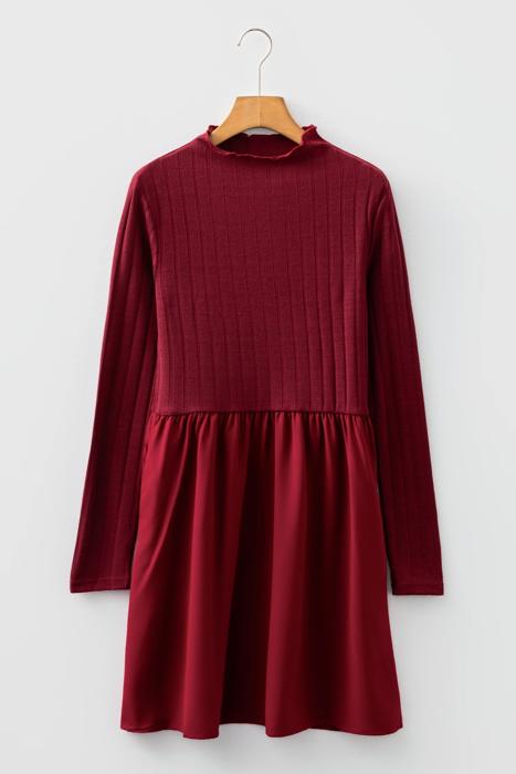 Frilled Neck Ribbed Knit Patchwork Mini Dress | S-XL