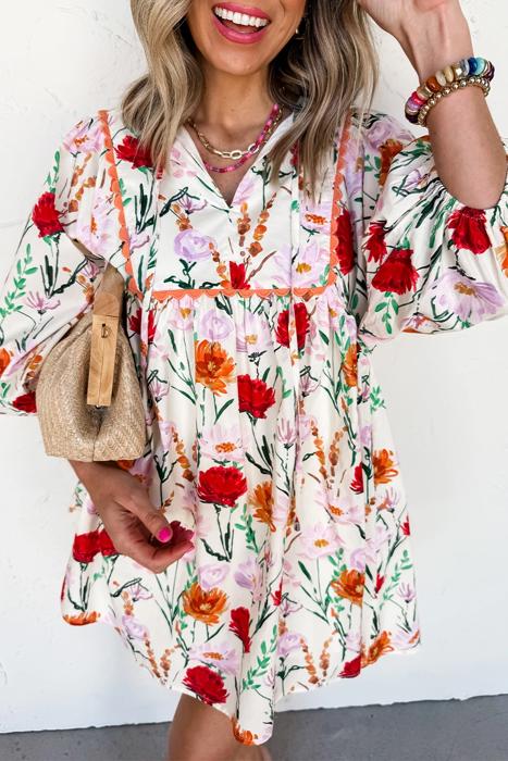 Floral Print Ricrac Trim Puff Sleeve Mini Dress | S-XL