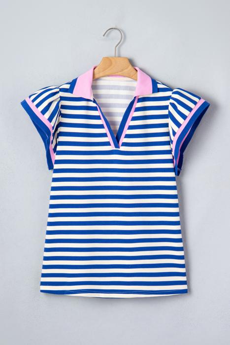 Preppy Stripe Polo Collar Ruffle Detail Top | S-XL
