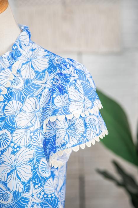 Ocean Bloom Collared Scallop Trim Blouse | S-XL