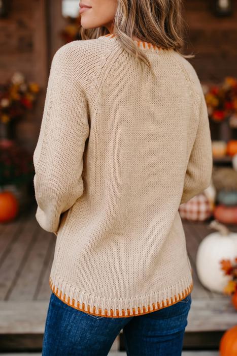 Pumpkin Embroidered Long Sleeve Sweater | S-XL