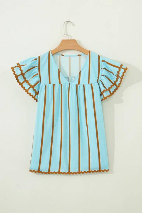 Double Ruffled Sleeve Striped Blouse | S-XL