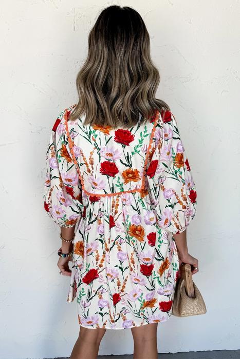Floral Print Ricrac Trim Puff Sleeve Mini Dress | S-XL